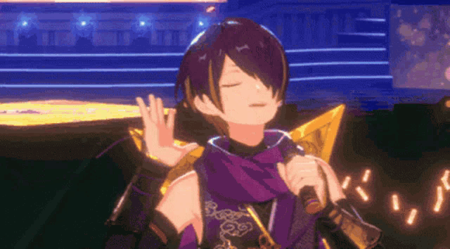 a girl in a purple outfit is singing into a microphone with her eyes closed .