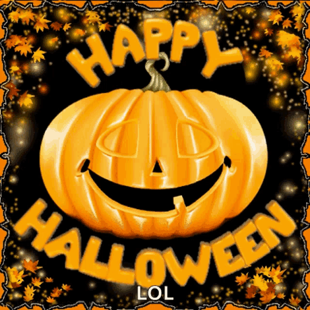 a happy halloween greeting card with a pumpkin and leaves
