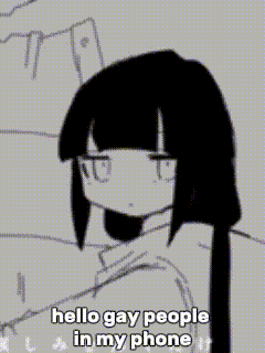 a black and white drawing of a girl with long black hair and the words `` hello gay people in my phone ''
