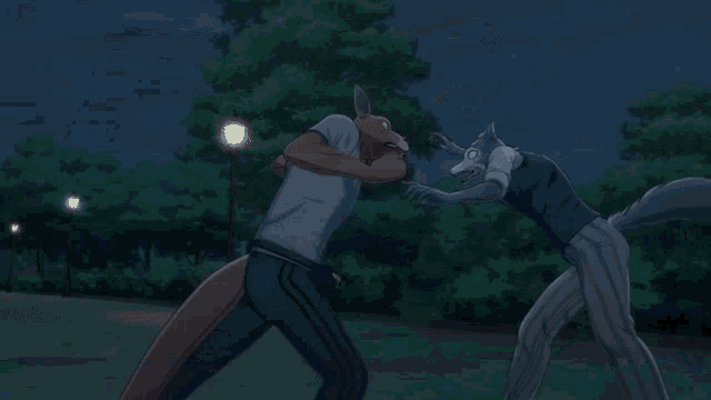 a cartoon drawing of a wolf and a fox fighting each other