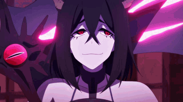 a close up of a cartoon character with purple eyes