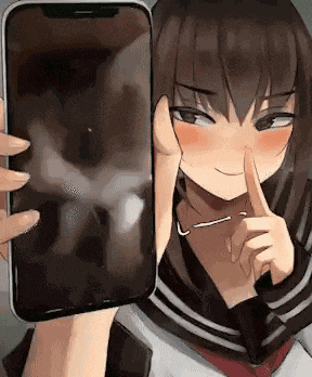 a girl in a school uniform is holding a cell phone with her finger on her mouth .