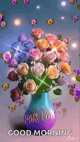 a vase filled with colorful roses with the words `` for you '' written on it