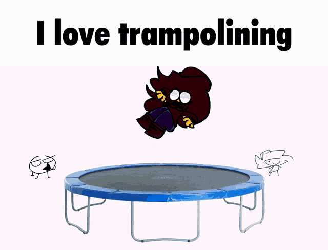 a cartoon character is jumping on a trampoline with the words " i love trampolining " below it