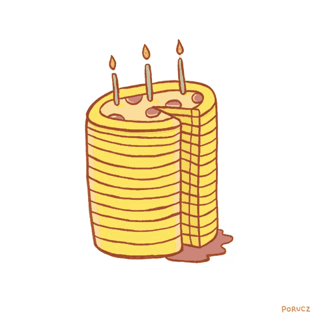 a cartoon drawing of a birthday cake with three candles and the name porucz at the bottom