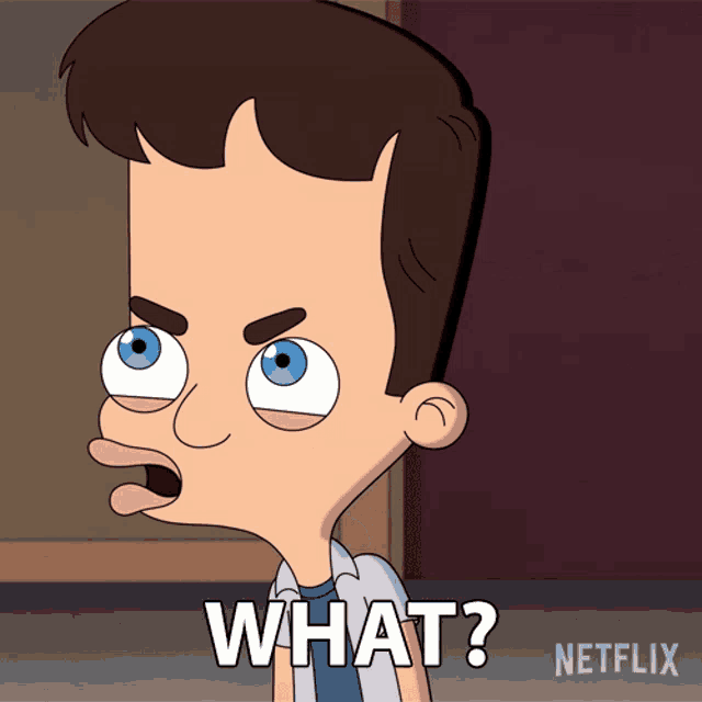 a cartoon of a man with blue eyes and the words what written below him
