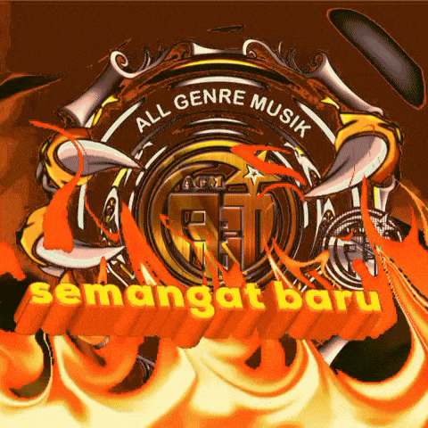 a logo for all genre musik is surrounded by fire