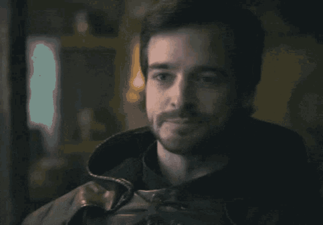 a man with a beard wearing a leather jacket looks at the camera