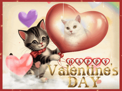 a valentine 's day card with a kitten holding a heart balloon