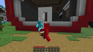 a person in a red shirt is playing a video game in front of a tree house .