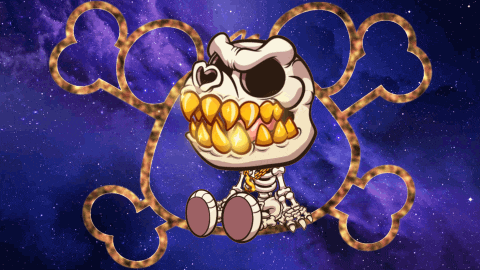 a cartoon of a skeleton with gold teeth is surrounded by skulls and bones