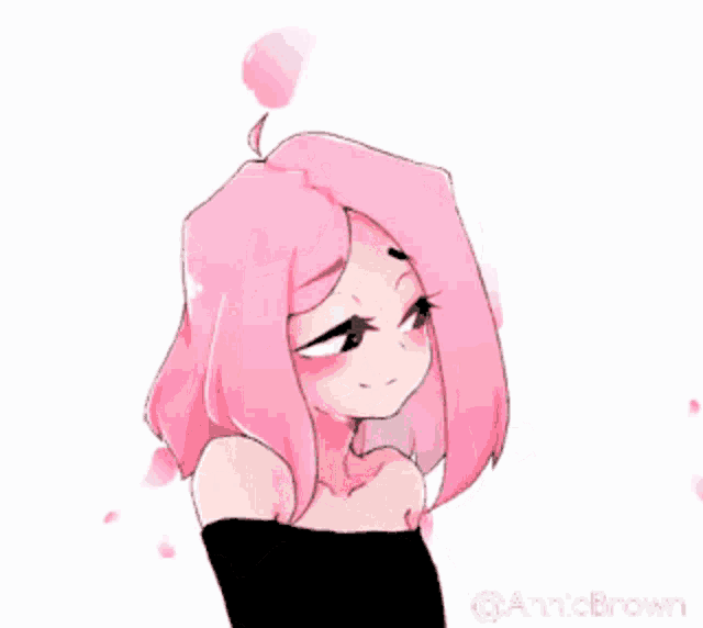 a girl with pink hair blowing a kiss with petals flying around her