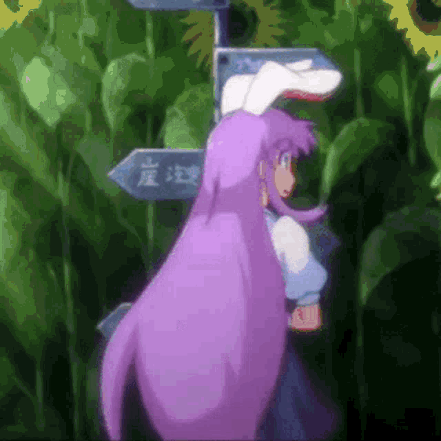 a girl with purple hair is standing in front of a sign that says ' a ' on it