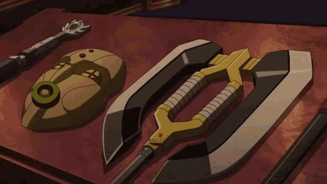 a cartoon drawing of a sword and a shield on a table