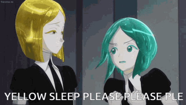 a picture of two anime characters with the words yellow sleep please please ple