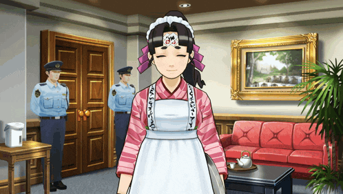 a woman in a maid costume stands in a room with two police officers