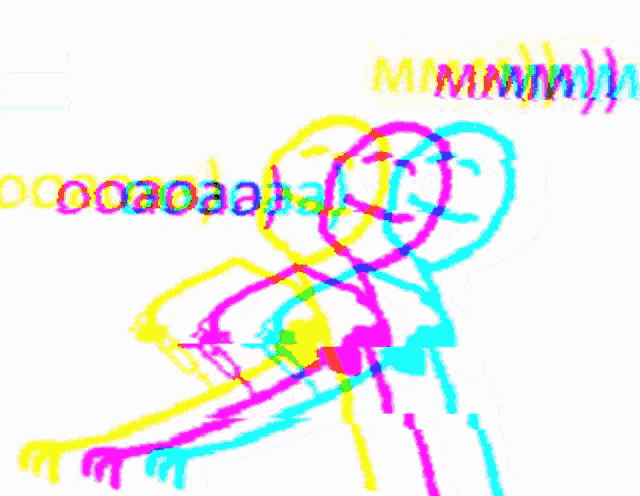 a colorful drawing of two stick figures with the word mmmmm written in yellow