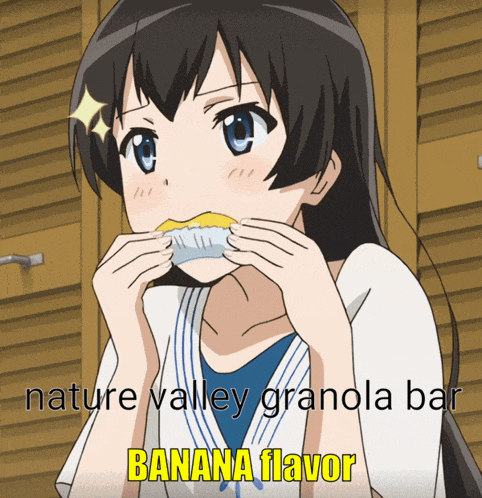 a girl is eating a granola bar with the words nature valley granola bar banana flavor