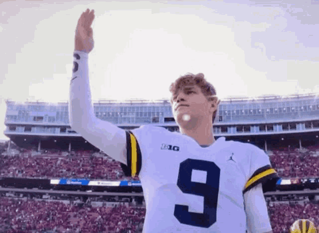 a football player wearing a number 9 jersey is waving at the crowd
