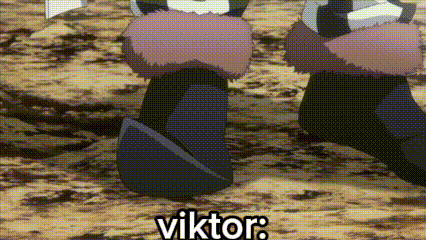 a couple of cartoon characters standing next to each other on a dirt field with the words viktor written on the bottom .