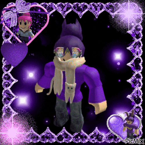 a picture of a roblox character wearing sunglasses and a purple scarf