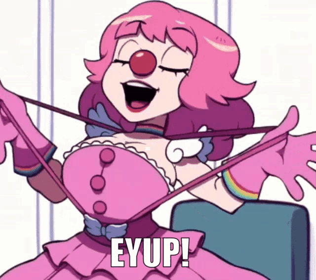 a cartoon of a girl with a clown nose and the words eyup on the bottom