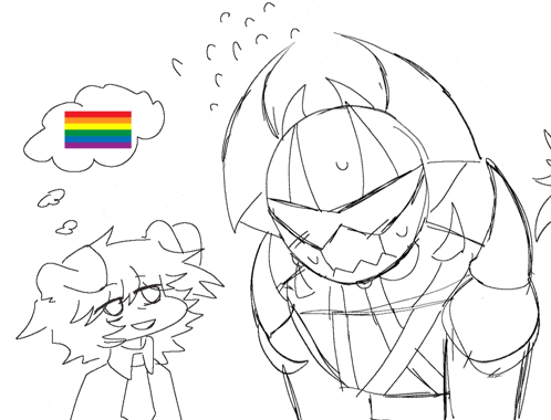 a drawing of two monsters with a rainbow flag in the background