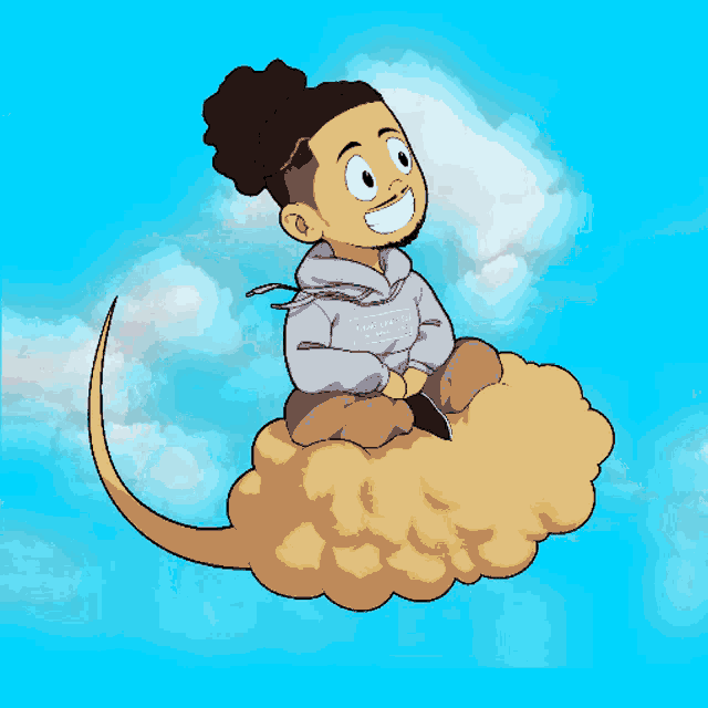 a cartoon drawing of a man sitting on a cloud with a hoodie that says true love