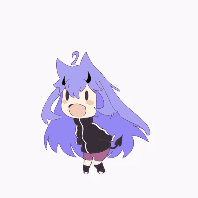 a cartoon drawing of a girl with purple hair and horns has the number 2 on her head