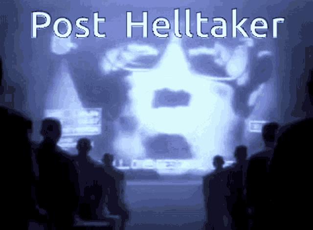 a group of people looking at a screen with the words post helltaker on it