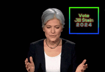 a woman stands in front of a vote jill stein 2024 sign