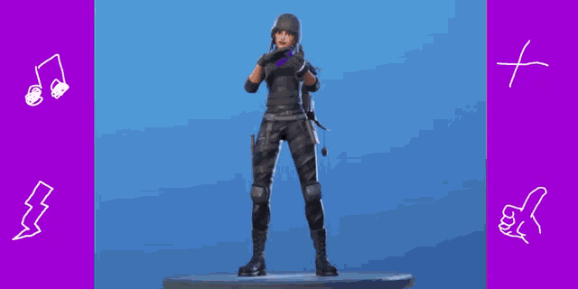 a video game character with a purple scarf around her neck and a gun