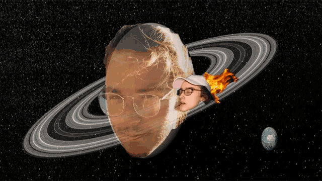 a man 's face is surrounded by rings in space