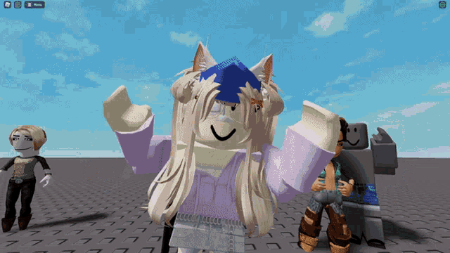 a screenshot of a video game shows a girl wearing a cat hat and a purple shirt