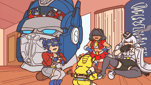 a group of cartoon characters are gathered around a large robot head