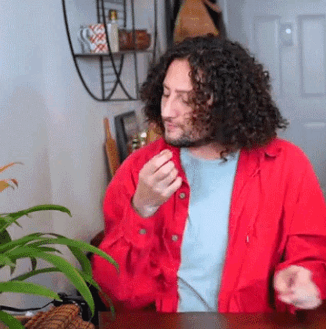 a man with curly hair is sitting at a table wearing a red jacket .