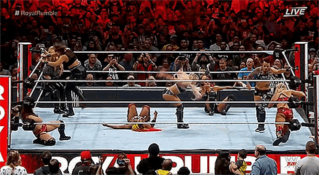 a group of women are wrestling in a wrestling ring .