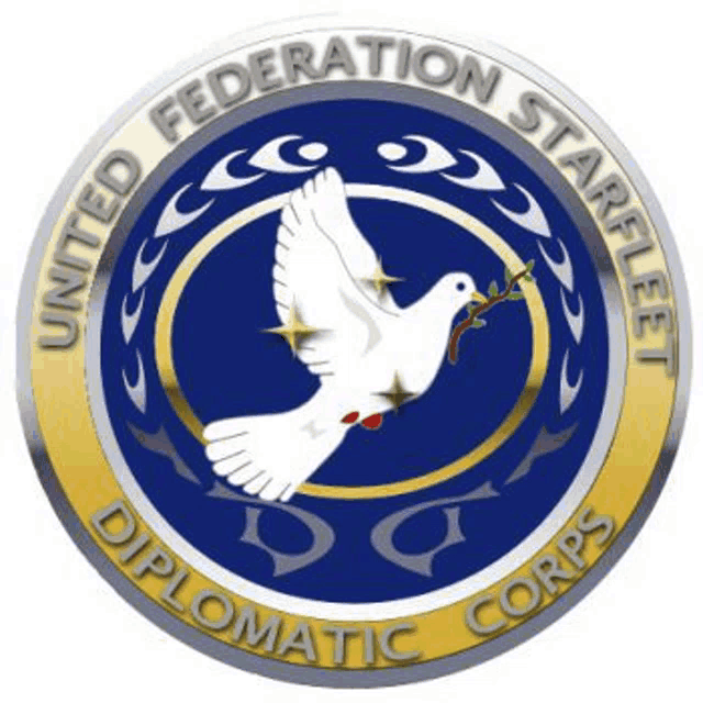 the logo for the united federation star fleet diplomatic corps shows a dove holding a branch .