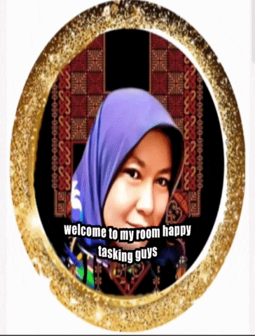 a picture of a woman in a purple hijab with the words welcome to my room happy tasking guys