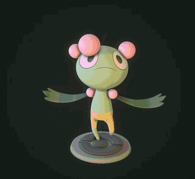 a 3d model of a green frog with pink eyes