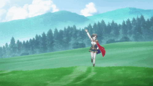 a girl in a red cape is running through a field