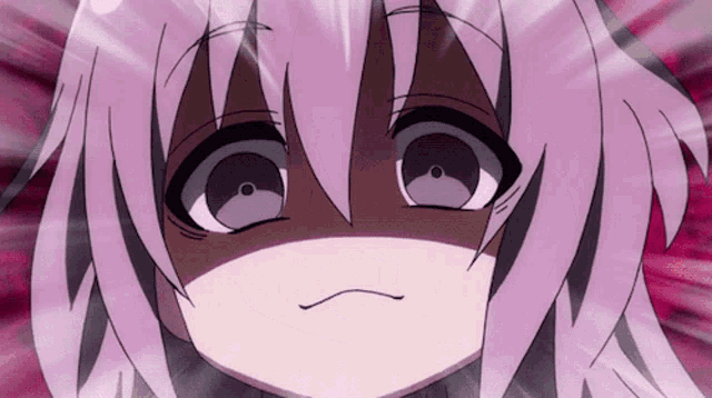 a close up of a anime character with purple hair