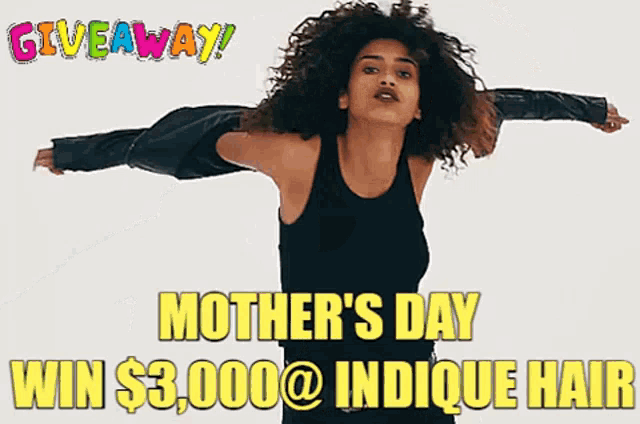 a woman with curly hair is on a poster that says mother 's day win $ 3,000 @ indicue hair