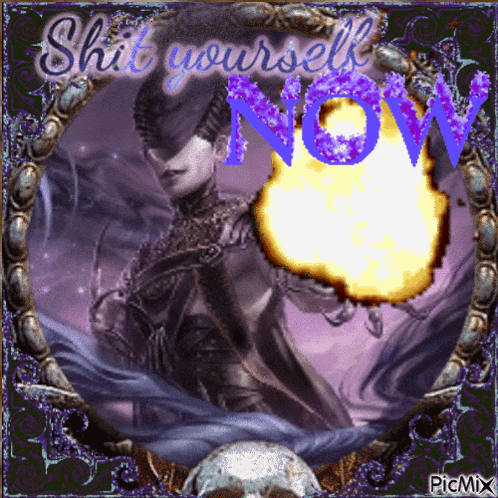 a picture of a demon with the words shit yourself now above it