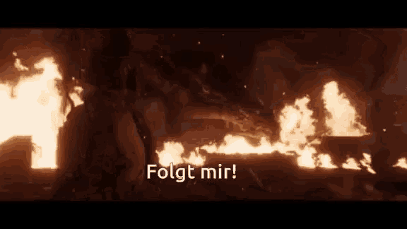 a man is standing in front of a fire with the words folgt mir written on the bottom