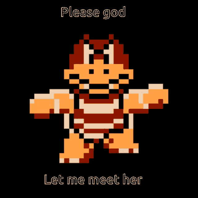 a pixel art of a cartoon character with the words please god let me meet her