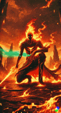 a painting of a man with flames coming out of his head holding a sword