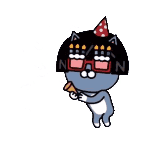 a cartoon cat wearing a party hat is holding a confetti cannon .