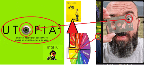 a man with a beard is holding a tool in front of his eye and a poster for utopia 2