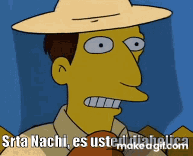 a cartoon character with a hat and tie says " srta nachi es usted diabolica "